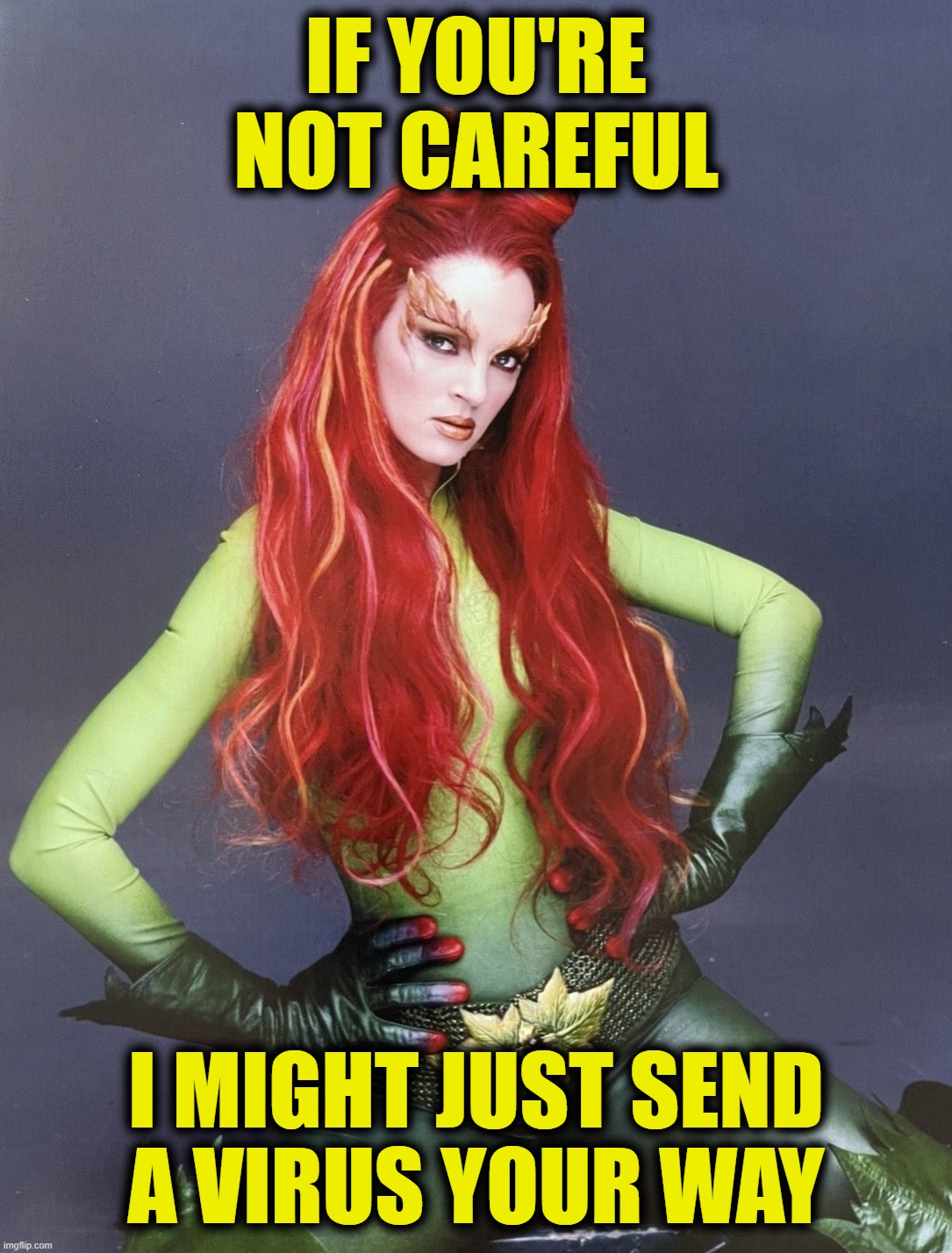 Poison Ivy | IF YOU'RE NOT CAREFUL; I MIGHT JUST SEND
A VIRUS YOUR WAY | image tagged in poison ivy | made w/ Imgflip meme maker