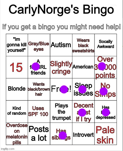 CarlyNorge's Bingo | image tagged in carlynorge's bingo | made w/ Imgflip meme maker