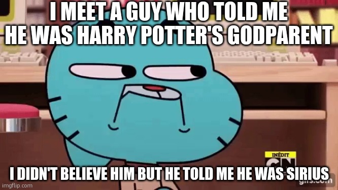 bad Harry Potter memes #1 | I MEET A GUY WHO TOLD ME HE WAS HARRY POTTER'S GODPARENT; I DIDN'T BELIEVE HIM BUT HE TOLD ME HE WAS SIRIUS | image tagged in not impressed gumball,harry potter | made w/ Imgflip meme maker