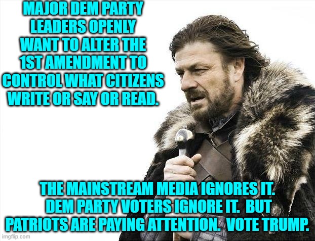 A blending of Marxism and Fascism.  It's the new leftist way. | MAJOR DEM PARTY LEADERS OPENLY WANT TO ALTER THE 1ST AMENDMENT TO CONTROL WHAT CITIZENS WRITE OR SAY OR READ. THE MAINSTREAM MEDIA IGNORES IT.  DEM PARTY VOTERS IGNORE IT.  BUT PATRIOTS ARE PAYING ATTENTION.  VOTE TRUMP. | image tagged in yep | made w/ Imgflip meme maker