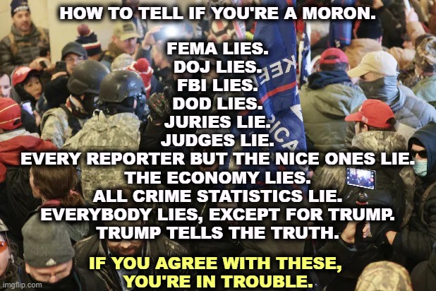 Seek help. | HOW TO TELL IF YOU'RE A MORON. FEMA LIES.
DOJ LIES.
FBI LIES.
DOD LIES.
JURIES LIE.
JUDGES LIE.
EVERY REPORTER BUT THE NICE ONES LIE.
THE ECONOMY LIES.
ALL CRIME STATISTICS LIE.
EVERYBODY LIES, EXCEPT FOR TRUMP.
TRUMP TELLS THE TRUTH. IF YOU AGREE WITH THESE, 
YOU'RE IN TROUBLE. | image tagged in a murderous mob of marauding morons capitol qanon trump,trump,liar,everybody,truth | made w/ Imgflip meme maker