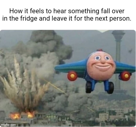 Flying Away From Chaos | How it feels to hear something fall over in the fridge and leave it for the next person. | image tagged in flying away from chaos | made w/ Imgflip meme maker