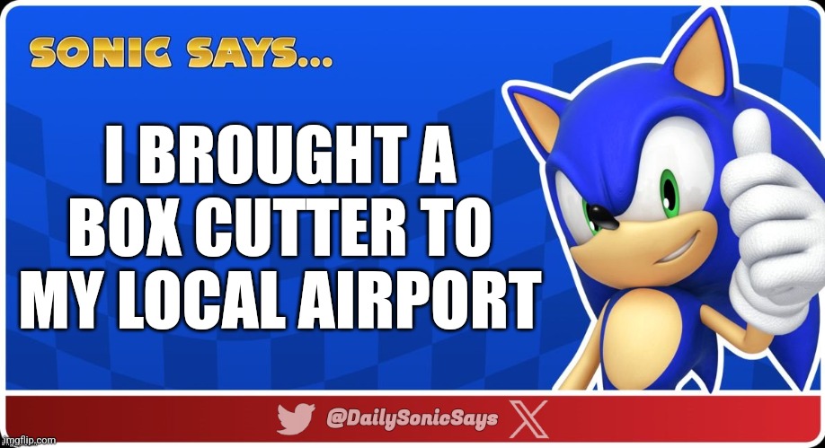 Sonic Says #60 | I BROUGHT A BOX CUTTER TO MY LOCAL AIRPORT | image tagged in sonic says v3,funny,sonic the hedgehog,sonic says,sonic | made w/ Imgflip meme maker