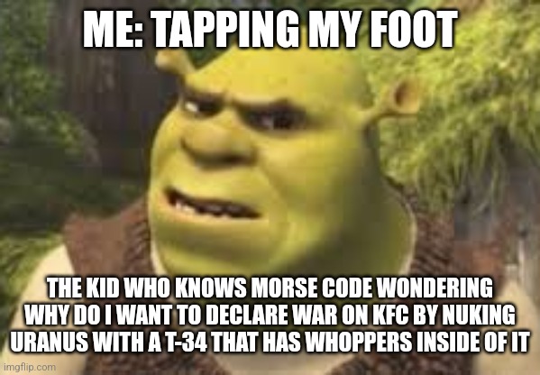 Morse code be like | ME: TAPPING MY FOOT; THE KID WHO KNOWS MORSE CODE WONDERING WHY DO I WANT TO DECLARE WAR ON KFC BY NUKING URANUS WITH A T-34 THAT HAS WHOPPERS INSIDE OF IT | image tagged in confused shrek,morse code,funny,why are you reading the tags | made w/ Imgflip meme maker