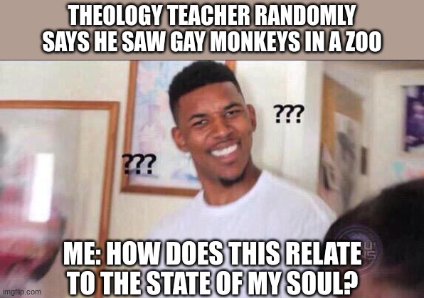 Black guy confused | THEOLOGY TEACHER RANDOMLY SAYS HE SAW GAY MONKEYS IN A ZOO; ME: HOW DOES THIS RELATE TO THE STATE OF MY SOUL? | image tagged in black guy confused | made w/ Imgflip meme maker