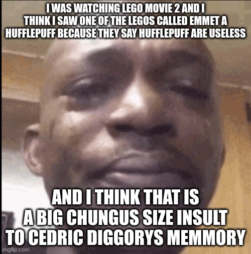 Crying black dude | I WAS WATCHING LEGO MOVIE 2 AND I THINK I SAW ONE OF THE LEGOS CALLED EMMET A HUFFLEPUFF BECAUSE THEY SAY HUFFLEPUFF ARE USELESS; AND I THINK THAT IS A BIG CHUNGUS SIZE INSULT TO CEDRIC DIGGORYS MEMMORY | image tagged in crying black dude | made w/ Imgflip meme maker