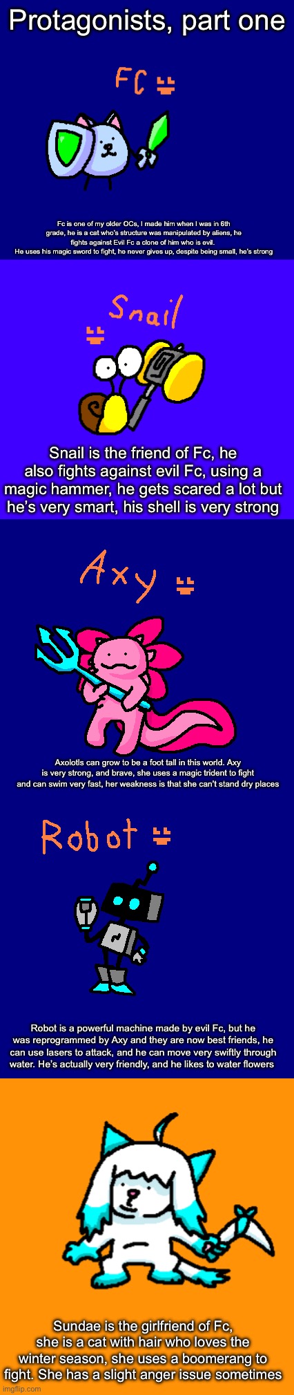 Here’s some of my beloved OCs | Protagonists, part one; Fc is one of my older OCs, I made him when I was in 6th grade, he is a cat who’s structure was manipulated by aliens, he fights against Evil Fc a clone of him who is evil. 
He uses his magic sword to fight, he never gives up, despite being small, he’s strong; Snail is the friend of Fc, he also fights against evil Fc, using a magic hammer, he gets scared a lot but he’s very smart, his shell is very strong; Axolotls can grow to be a foot tall in this world. Axy is very strong, and brave, she uses a magic trident to fight and can swim very fast, her weakness is that she can’t stand dry places; Robot is a powerful machine made by evil Fc, but he was reprogrammed by Axy and they are now best friends, he can use lasers to attack, and he can move very swiftly through water. He’s actually very friendly, and he likes to water flowers; Sundae is the girlfriend of Fc, she is a cat with hair who loves the winter season, she uses a boomerang to fight. She has a slight anger issue sometimes | made w/ Imgflip meme maker