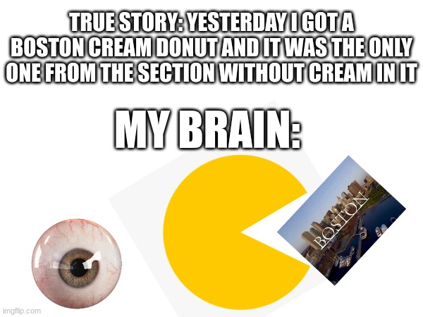 TRUE STORY: YESTERDAY I GOT A BOSTON CREAM DONUT AND IT WAS THE ONLY ONE FROM THE SECTION WITHOUT CREAM IN IT; MY BRAIN: | made w/ Imgflip meme maker