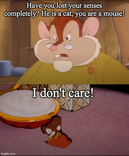 Guess the Reference - An American Tail (franchise) | Have you lost your senses completely? He is a cat, you are a mouse! I don't care! | image tagged in an american tail | made w/ Imgflip meme maker