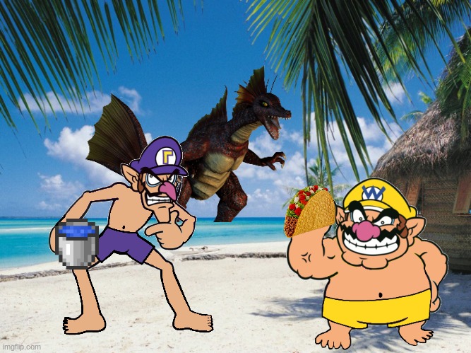 Wario and Waluigi die from an attack of Titanosaurus at the beach.mp3 | image tagged in sandy's beach 2 | made w/ Imgflip meme maker