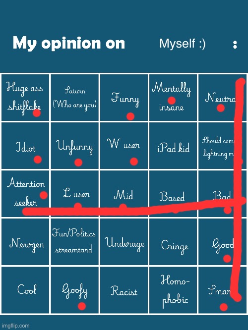 I hate myself | Myself :) | image tagged in my opinion on user bingo fries/gelatin's version | made w/ Imgflip meme maker