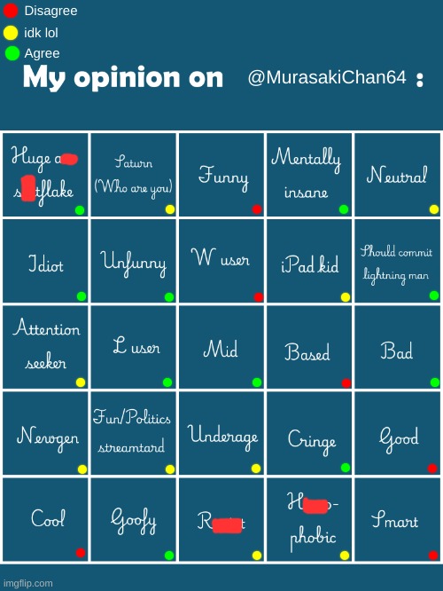 My opinion on @JoannaGamer2003 (@MurasakiChan64) | Disagree; idk lol; Agree; @MurasakiChan64 | image tagged in my opinion on user bingo fries/gelatin's version | made w/ Imgflip meme maker