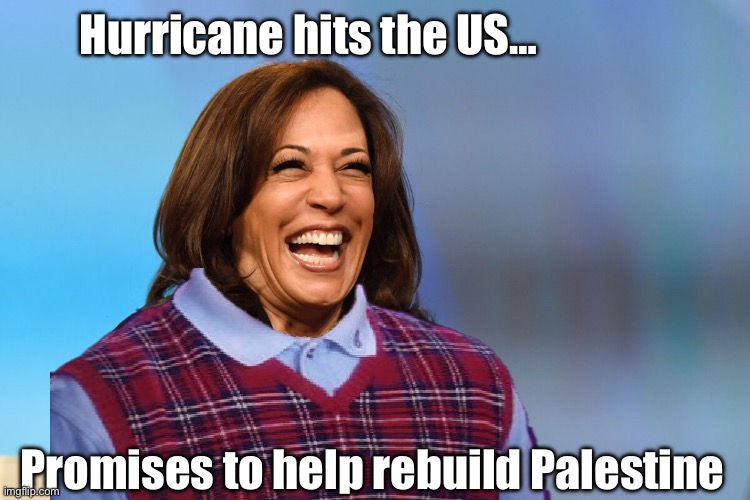 Non citizens first | Hurricane hits the US…; Promises to help rebuild Palestine | image tagged in kamala harris laughing,politics lol,memes | made w/ Imgflip meme maker