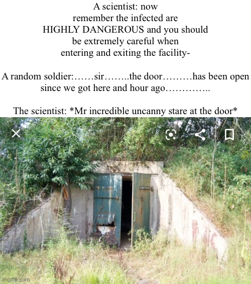 On of Ronark’s many……horrors beyond comprehension…. | A scientist: now remember the infected are HIGHLY DANGEROUS and you should be extremely careful when entering and exiting the facility-
 
A random soldier:……sir……..the door………has been open since we got here and hour ago…………..
 
The scientist: *Mr incredible uncanny stare at the door* | image tagged in bunker fun | made w/ Imgflip meme maker