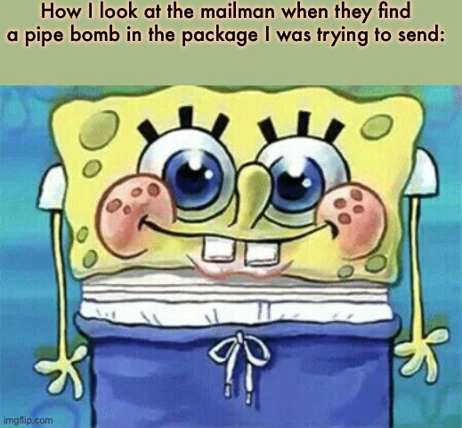 Dorky spongebob | How I look at the mailman when they find a pipe bomb in the package I was trying to send: | image tagged in dorky spongebob | made w/ Imgflip meme maker