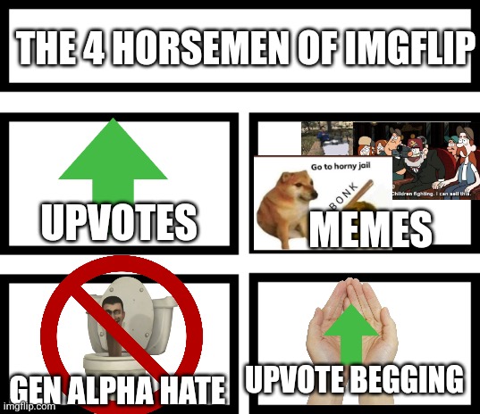 4 Horsemen of | THE 4 HORSEMEN OF IMGFLIP UPVOTES MEMES GEN ALPHA HATE UPVOTE BEGGING | image tagged in 4 horsemen of | made w/ Imgflip meme maker