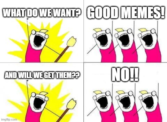 WE WANT GOOD MEMES! | WHAT DO WE WANT? GOOD MEMES! NO!! AND WILL WE GET THEM?? | image tagged in memes,what do we want | made w/ Imgflip meme maker