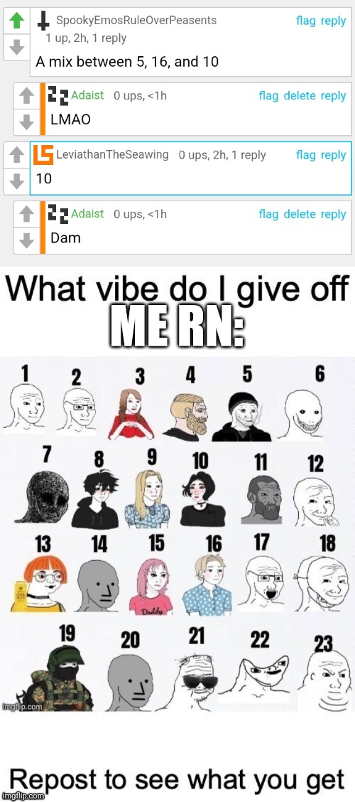 ME RN: | image tagged in what vibes do i give off | made w/ Imgflip meme maker