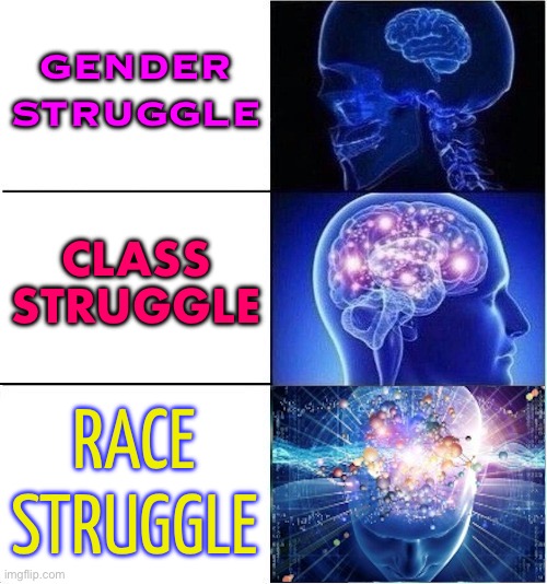 Three Worlds of Inequality | GENDER
STRUGGLE; CLASS
STRUGGLE; RACE
STRUGGLE | image tagged in expanding brain meme template 3 stages extreme,gender equality,racism,communism,communism socialism,inequality | made w/ Imgflip meme maker