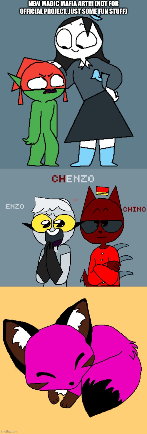 Characters from top down: (Quinn+Short Boi Clem, Enzo+Chino, Baby Fox Kyuri) | NEW MAGIC MAFIA ART!!! (NOT FOR OFFICIAL PROJECT, JUST SOME FUN STUFF) | image tagged in ocs,art | made w/ Imgflip meme maker