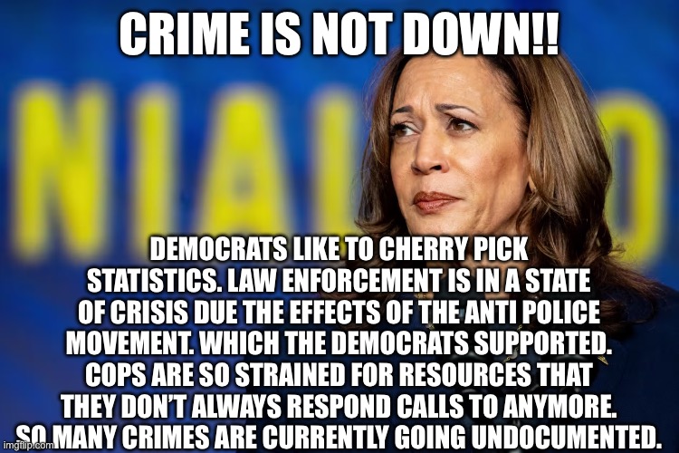 CRIME IS NOT DOWN!! DEMOCRATS LIKE TO CHERRY PICK STATISTICS. LAW ENFORCEMENT IS IN A STATE OF CRISIS DUE THE EFFECTS OF THE ANTI POLICE MOVEMENT. WHICH THE DEMOCRATS SUPPORTED. COPS ARE SO STRAINED FOR RESOURCES THAT THEY DON’T ALWAYS RESPOND CALLS TO ANYMORE. SO MANY CRIMES ARE CURRENTLY GOING UNDOCUMENTED. | made w/ Imgflip meme maker