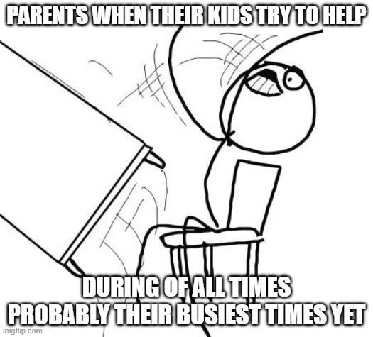 Jus goes to show u how bad this world really is right now | PARENTS WHEN THEIR KIDS TRY TO HELP; DURING OF ALL TIMES PROBABLY THEIR BUSIEST TIMES YET | image tagged in memes,table flip guy,relatable,scumbag parents,dank,society sucks | made w/ Imgflip meme maker