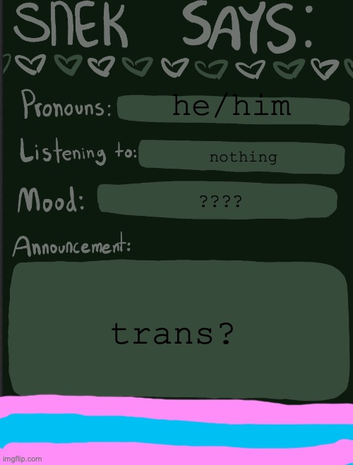 big possibility atm (also sorry i got lazy w/ the flag lmao) | he/him; nothing; ???? trans? | image tagged in sneks announcement temp | made w/ Imgflip meme maker