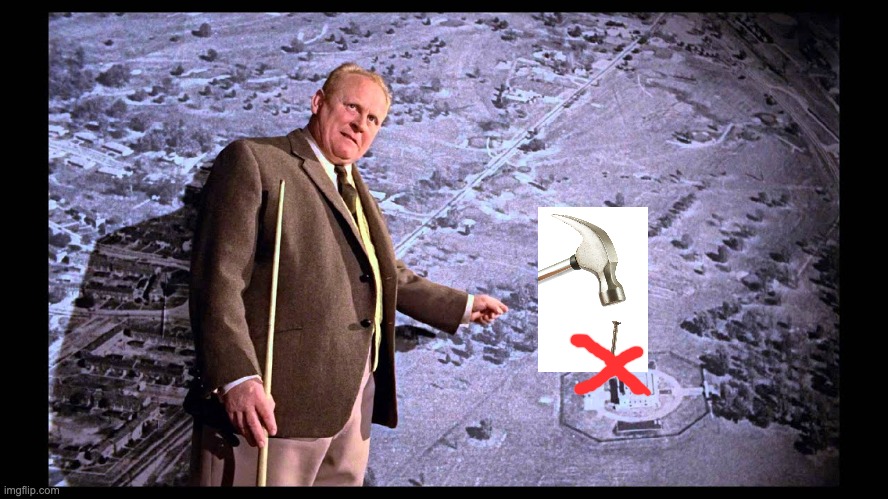 Goldfinger pointing at aerial photo of Fort Knox | image tagged in goldfinger pointing at aerial photo of fort knox | made w/ Imgflip meme maker