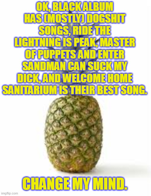 Sethamphetamine announcement temp | OK, BLACK ALBUM HAS (MOSTLY) DOGSHIT SONGS, RIDE THE LIGHTNING IS PEAK, MASTER OF PUPPETS AND ENTER SANDMAN CAN SUCK MY DICK, AND WELCOME HOME SANITARIUM IS THEIR BEST SONG. CHANGE MY MIND. | image tagged in sethamphetamine announcement temp | made w/ Imgflip meme maker