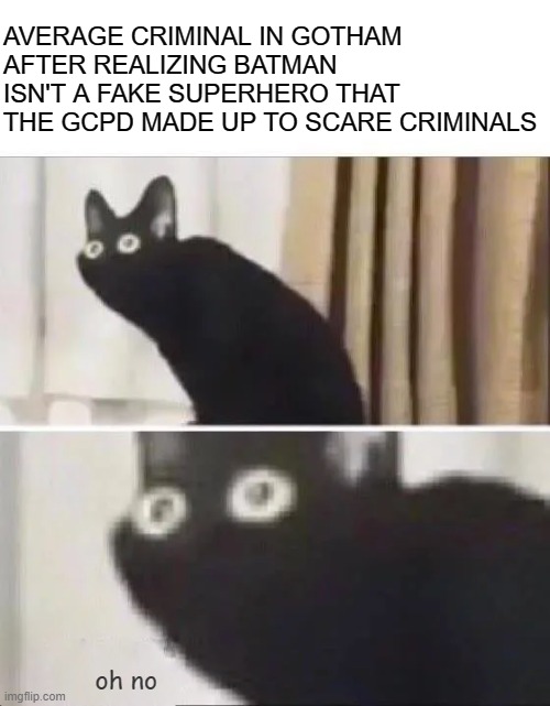 Oh No Black Cat | AVERAGE CRIMINAL IN GOTHAM AFTER REALIZING BATMAN ISN'T A FAKE SUPERHERO THAT THE GCPD MADE UP TO SCARE CRIMINALS; oh no | image tagged in oh no black cat | made w/ Imgflip meme maker