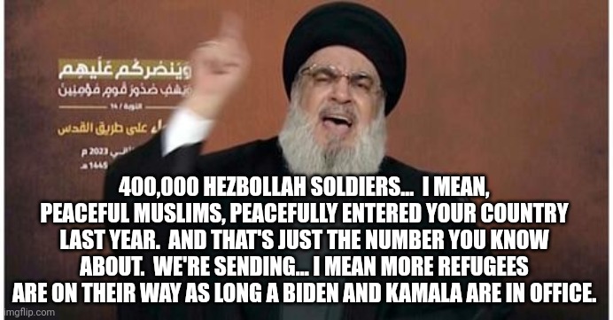 Hezbollah | 400,000 HEZBOLLAH SOLDIERS...  I MEAN, PEACEFUL MUSLIMS, PEACEFULLY ENTERED YOUR COUNTRY LAST YEAR.  AND THAT'S JUST THE NUMBER YOU KNOW ABO | image tagged in hezbollah | made w/ Imgflip meme maker