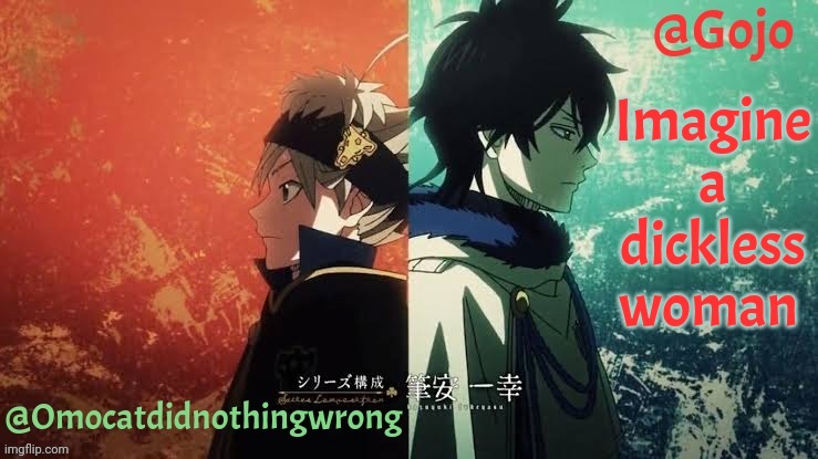 Libra and gojo's black clover announcement template | Imagine a dickless woman | image tagged in libra and gojo's black clover announcement template | made w/ Imgflip meme maker