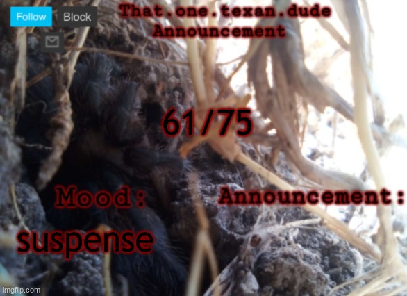 Comment to join the hunger games | 61/75; suspense | image tagged in the that one texan dude announcement template | made w/ Imgflip meme maker