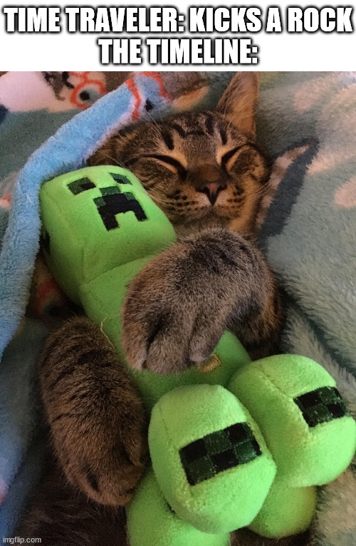 timeline | TIME TRAVELER: KICKS A ROCK
THE TIMELINE: | image tagged in cat hugging creeper,timeline,time travel,time traveler,creeper,cat | made w/ Imgflip meme maker