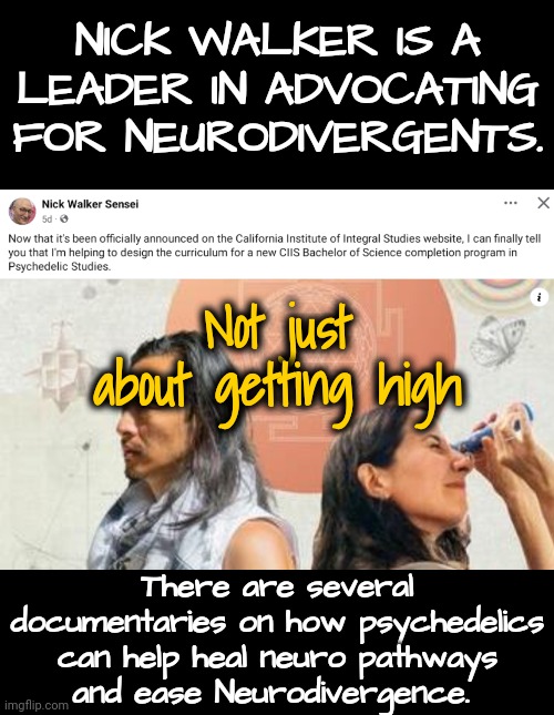 Advocacy Leader in Neurodivergence | NICK WALKER IS A LEADER IN ADVOCATING FOR NEURODIVERGENTS. Not just about getting high; There are several documentaries on how psychedelics can help heal neuro pathways
and ease Neurodivergence. | image tagged in autism,neurodiverence | made w/ Imgflip meme maker