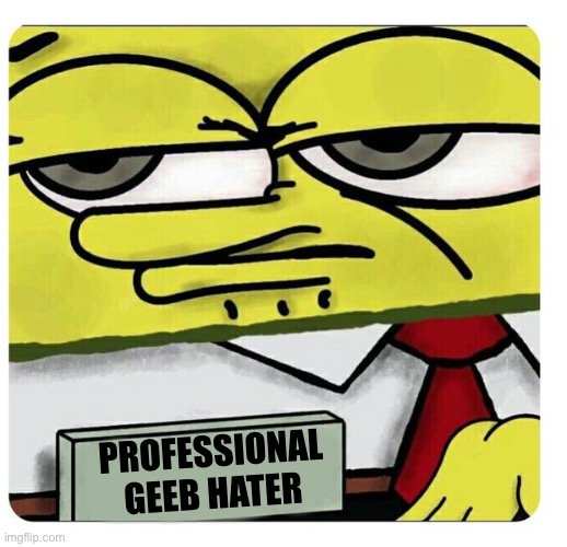 Spongebob empty professional name tag | PROFESSIONAL
GEEB HATER | image tagged in spongebob empty professional name tag | made w/ Imgflip meme maker