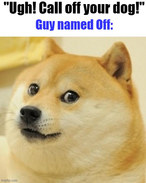 Doge Meme | "Ugh! Call off your dog!"; Guy named Off: | image tagged in memes,doge | made w/ Imgflip meme maker