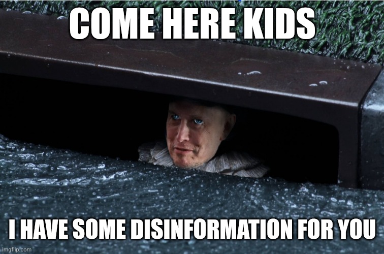 Muskiewise | COME HERE KIDS; I HAVE SOME DISINFORMATION FOR YOU | image tagged in elon musk,disinformation,trump stooge | made w/ Imgflip meme maker