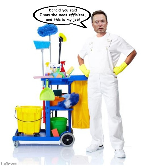 Elon's new job | Donald you said I was the most efficient, and this is my job! | image tagged in elon musk,musk trump,dirty jobs,maga mopguy,mr rocket bone spurs,oramge cleaner | made w/ Imgflip meme maker