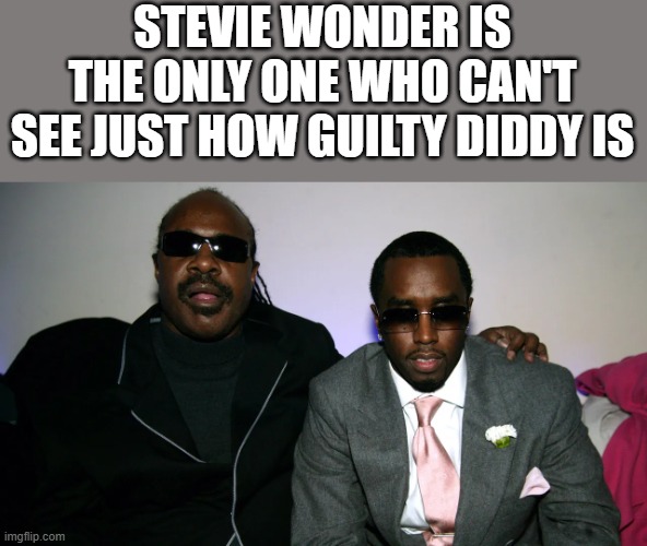 Stevie Wonder Can't See How Guilty Diddy Is | STEVIE WONDER IS THE ONLY ONE WHO CAN'T SEE JUST HOW GUILTY DIDDY IS | image tagged in stevie wonder,diddy,blind,diddy meme,memes,funny | made w/ Imgflip meme maker