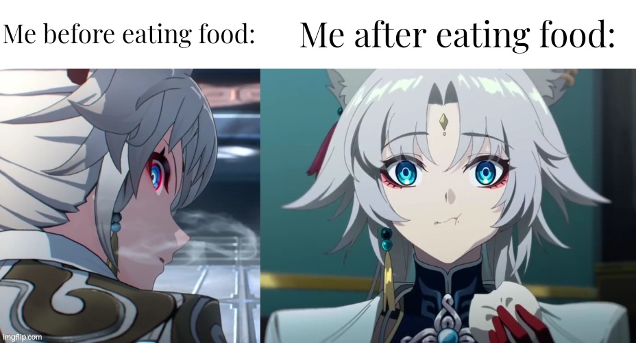 The food may not give us energy, but at least they give us good mod. | Me before eating food:; Me after eating food: | image tagged in funny,eating,before and after | made w/ Imgflip meme maker