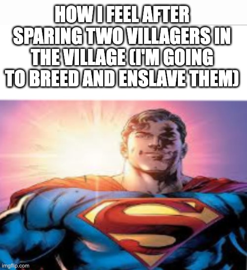 a veritable pillar of integrity | HOW I FEEL AFTER SPARING TWO VILLAGERS IN THE VILLAGE (I'M GOING TO BREED AND ENSLAVE THEM) | image tagged in superman starman meme,memes,gaming,minecraft,minecraft villagers,slavery | made w/ Imgflip meme maker