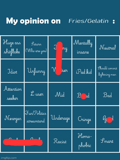 My opinion on [user] bingo (Fries/Gelatin's version) | Fries/Gelatin | image tagged in my opinion on user bingo fries/gelatin's version | made w/ Imgflip meme maker