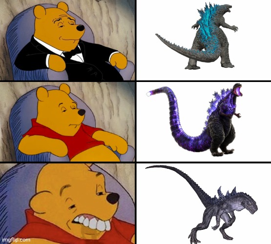 1: the real king of the monsters!!!,if I die in this world who will know somthing of me..., 3: I knew that tuna-head wasn't up t | image tagged in fancy winnie the pooh meme | made w/ Imgflip meme maker