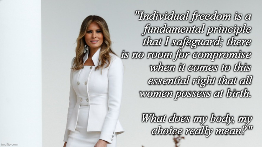 Looks like Melania Trump will be voting Harris-Walz | "Individual freedom is a
fundamental principle
that I safeguard; there
is no room for compromise
when it comes to this; essential right that all
women possess at birth.
 
What does my body, my
choice really mean?" | image tagged in melania trump,pro-choice,get rekt,trump gop | made w/ Imgflip meme maker