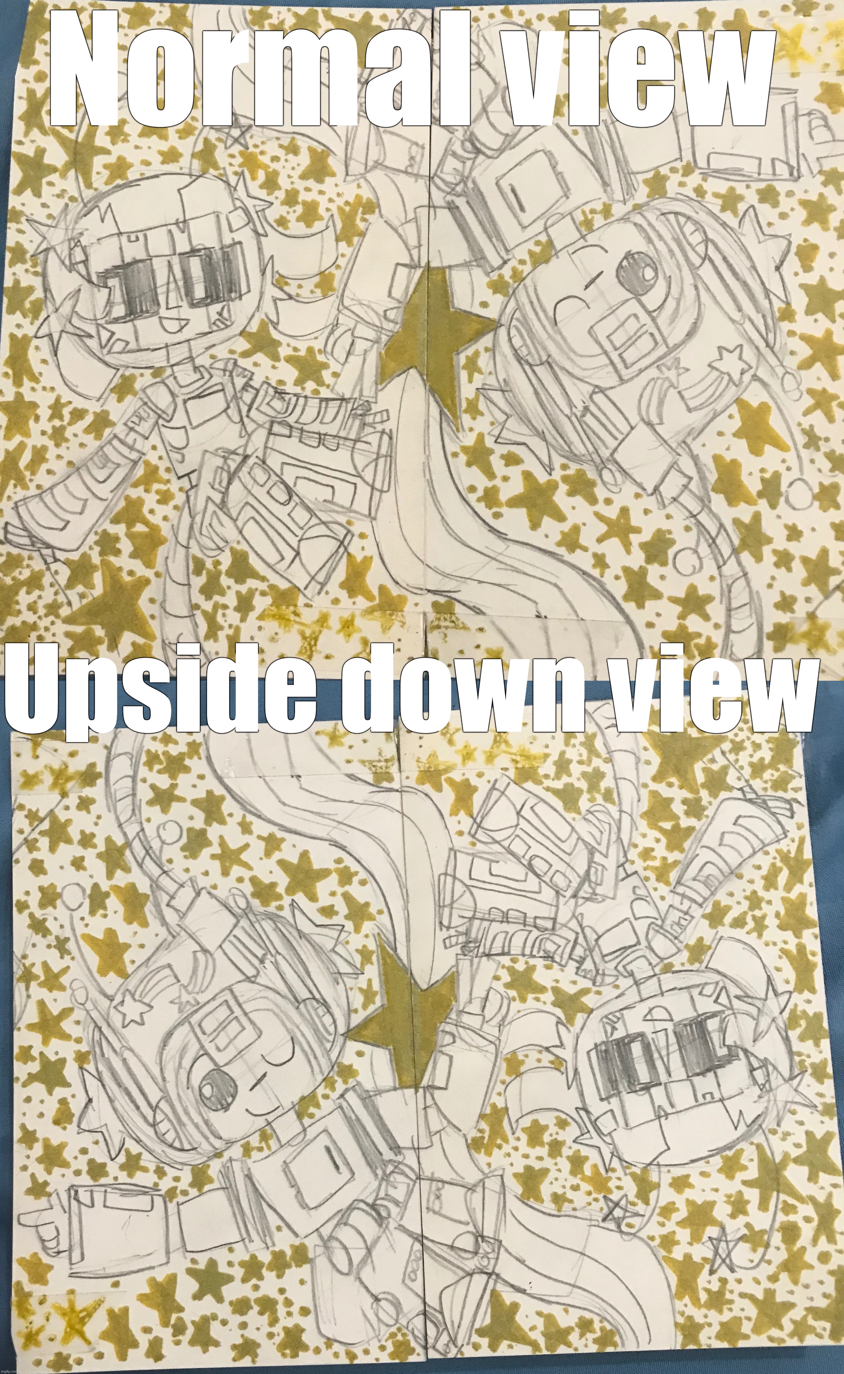 Made a foldable illustration (for the first time) | Normal view; Upside down view | made w/ Imgflip meme maker