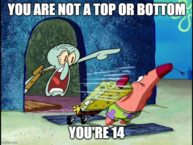 Squidward Screaming | YOU ARE NOT A TOP OR BOTTOM; YOU'RE 14 | image tagged in squidward screaming | made w/ Imgflip meme maker