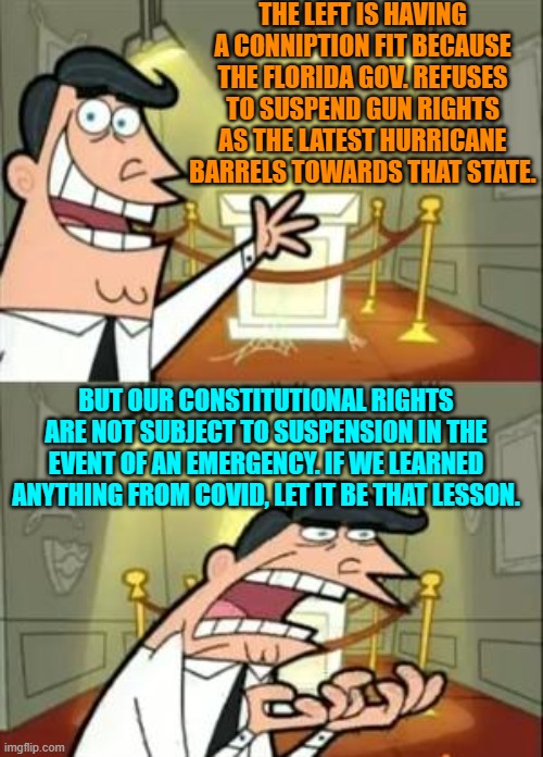 That is for people actually CAPABLE of independently learning lessons. | THE LEFT IS HAVING A CONNIPTION FIT BECAUSE THE FLORIDA GOV. REFUSES TO SUSPEND GUN RIGHTS AS THE LATEST HURRICANE BARRELS TOWARDS THAT STATE. BUT OUR CONSTITUTIONAL RIGHTS ARE NOT SUBJECT TO SUSPENSION IN THE EVENT OF AN EMERGENCY. IF WE LEARNED ANYTHING FROM COVID, LET IT BE THAT LESSON. | image tagged in yep | made w/ Imgflip meme maker