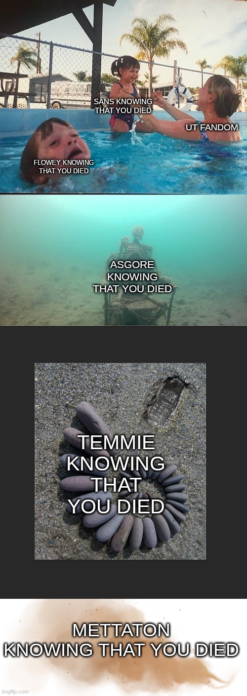 like frfr you dont know about one of these | SANS KNOWING THAT YOU DIED; UT FANDOM; FLOWEY KNOWING THAT YOU DIED; ASGORE KNOWING THAT YOU DIED; TEMMIE KNOWING THAT YOU DIED; METTATON KNOWING THAT YOU DIED | image tagged in mother ignoring kid drowning in a pool,uncovered fossil,dust trail | made w/ Imgflip meme maker