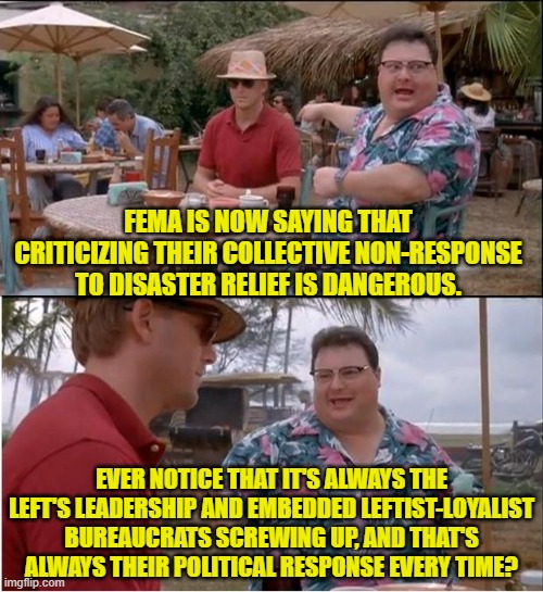 So obvious that by now even the average Dem Party voter SHOULD be aware. | FEMA IS NOW SAYING THAT CRITICIZING THEIR COLLECTIVE NON-RESPONSE TO DISASTER RELIEF IS DANGEROUS. EVER NOTICE THAT IT'S ALWAYS THE LEFT'S LEADERSHIP AND EMBEDDED LEFTIST-LOYALIST BUREAUCRATS SCREWING UP, AND THAT'S ALWAYS THEIR POLITICAL RESPONSE EVERY TIME? | image tagged in yep | made w/ Imgflip meme maker